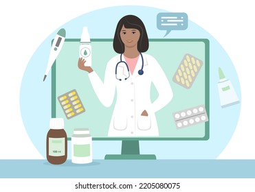 Female doctor on the computer screen. Online consultation. Vector illustration