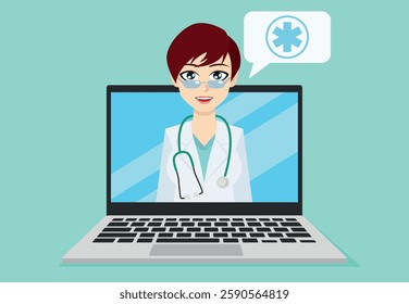 Female doctor on laptop screen. Smiling female doctor with short hair, glasses and a coat with a cloud and a medical icon. Flat design vector illustration.