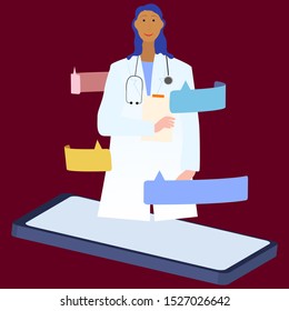 Female doctor on mobile device for online consultation design. Virtual doctor concept. Doctor giving online consultation and assistance via internet. Mobile device. Vector Illustration.