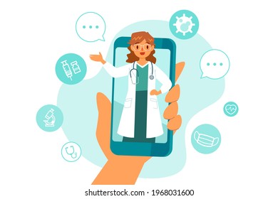 Female doctor on smart phone screen giving online consultation with medical icons in background. Telemedicine remote health care services concept.