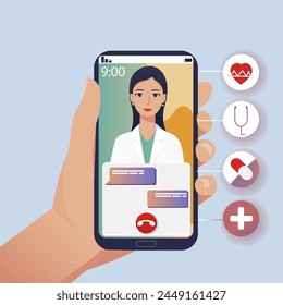A female doctor on a smartphone screen offering telemedicine services, flat vector illustration on a blue background, healthcare concept. Vector illustration