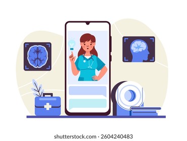 Female doctor on smartphone screen giving advice, surrounded by brain scan icons, MRI machine and medical kit, on light background. Concept of neurology. Vector illustration