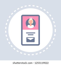 female doctor online consultation mobile application smartphone screen icon healthcare medical service logo medicine and health symbol concept flat
