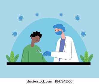 female doctor with patient taking the temperature vector illustration design