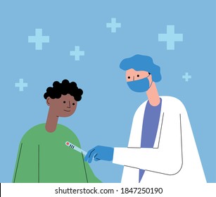 female doctor with patient taking the temperature vector illustration design