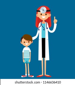 Female doctor pediatrician with patient child boy standing close to each other. Vector illustration. Flat design.