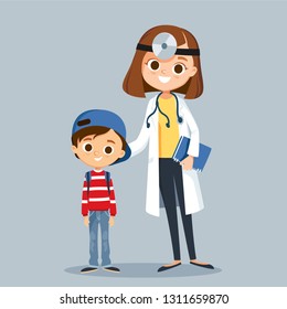 Female Doctor Pediatrician With Patient Child Boy Standing Close To Each Other. Vector Illustration. Flat Design.