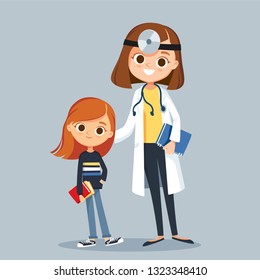 Female doctor pediatrician with patient child girl standing close to each other. Vector illustration. Flat design.