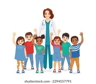 Female doctor pediatrician vector illustration standing with group of kids waving hands isolated vector illustration