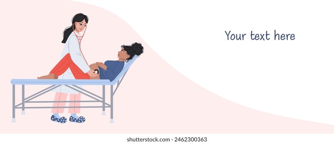 Female doctor performs fetal auscultation on the pregnant woman. Baby check up. Cartoon banner with midwife and pregnant lady. Vector illustration. Horizontal poster with a place for the text. 