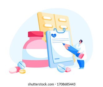 Female Doctor Pharmacist in Medical Robe Writing with Huge Pen at Pills Bottle and Medicine Tablets nearby. Pharmacy, Treatment in Clinic or Hospital, Healthcare, Medicine. Cartoon Vector Illustration