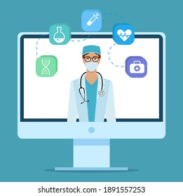 Female doctor with phonendoscope on the monitor. Medical internet consultation. Healthcare web service. Masked girl with glasses on the screen. Woman surrounded by icons with medical symbols