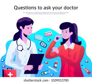 Female doctor in physician lab coat consulting patient with medication pills tablets thermometer in background vector illustration