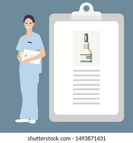 Female doctor physician with medicine prescribsion holding a clipboard vector illustration. Doctor girl showing blank clipboard to write it on your personal message or advice.