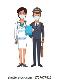 female doctor and pilot using face mask vector illustration design