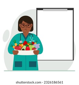 Female doctor with a plate of vegetables and fruits. Clipboard blank for your text. The concept of diet, proper nutrition, health. Vector flat illustration