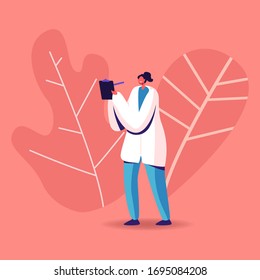 Female Doctor Podiatrist Character in Medical Robe Holding Clipboard and Pen Stand in Clinic Chamber. Hospital Healthcare Staff at Work. Medicine Profession, Occupation. Cartoon Vector Illustration