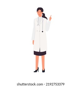 Female doctor pointing finger. Hospital worker gesturing, medical assistance vector illustration
