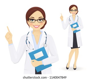 Female doctor pointing finger up isolated vector illustration