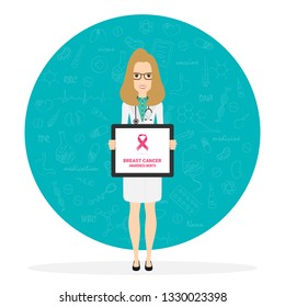 Female doctor pointing at medical clipboard. 4 February world cancer day horizontal poster. Vector