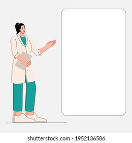 Female doctor pointing on blank board. Scientist in uniformpresenting sign. Specialist  with empty commercial banner. Flat geometric style, non-standard proportions for human characters. 