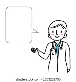 Female doctor pointing. Smiling doctor standing and pointing at blank speech balloon. Doctor in white lab coat with text bubble. Cheerful doctor with speech bubble. Practitioner with stethoscope. 