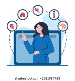 A female doctor points to a diagram of kidneys on a flip chart. Use this illustration for medical education materials or kidney health awareness campaigns.