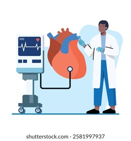 A female doctor points to a large anatomical heart model connected to a heart monitor Great for medical education or healthcare websites