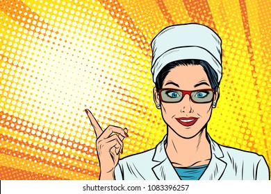 Female doctor points to the side gesture. Pop art retro vector illustration cartoon comics kitsch drawing