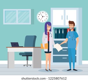 female doctor and practitioner in consulting room