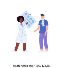 A female doctor prescribes drugs to a sick man. Vector flat illustration isolated on white background.
