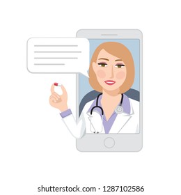 Female doctor prescribing drugs through video call. Online medical consultation concept, Telemedicine and healthcare system support. Isolated vector illustration