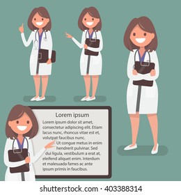 Female doctor presented in different actions. The character  for medical information posters