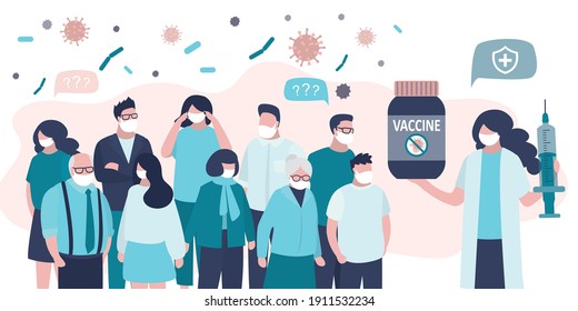 Female doctor presenting coronavirus vaccine to crowd. Women and men wearing protective masks await vaccinations. Nurse holds vaccine and syringe. Concept of prevention covid-19. Vector illustration