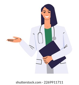 
La doctora presenta algo. Medicamento con estetoscopio y recubrimiento blanco aislado en blanco. Un personaje sonriente con un portapapeles. La mujer señala con la mano. Vector plano.