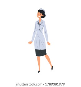 Female Doctor, Professional Medical Worker in Medical Coat with Stethoscope Vector Illustration on White Background