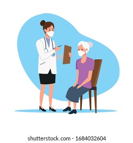 female doctor protecting elderly person characters vector illustration design