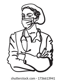 
Female doctor in a protective mask. One line drawing. The doctor in a protective suit.