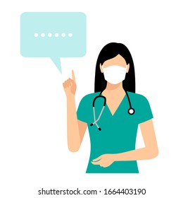 Female doctor in a protective mask with a stethoscope pointing finger upwards. Doctor presenting information header vector banner. Medic points to a speech bubble