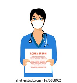 Female doctor in a protective mask. Doctor with a stethoscope presenting information header vector banner. Woman presenting information header vector banner. 