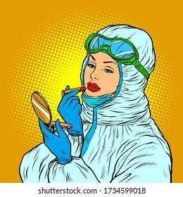 Female doctor in protective suit puts on lipstick makeup. Pop art retro vector illustration kitsch vintage 50s 60s style