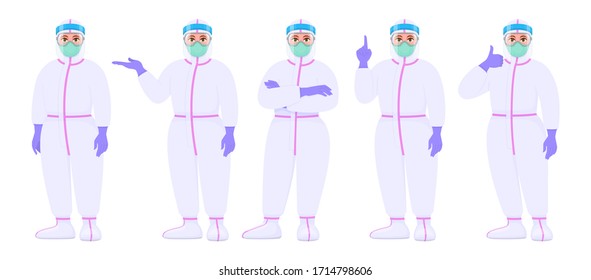 Female doctor in protective suit standing various poses and showing hand gestures. Set of physician covering with safety coverall (PPE). Corona virus epidemic outbreak. Cartoon illustration in vector.