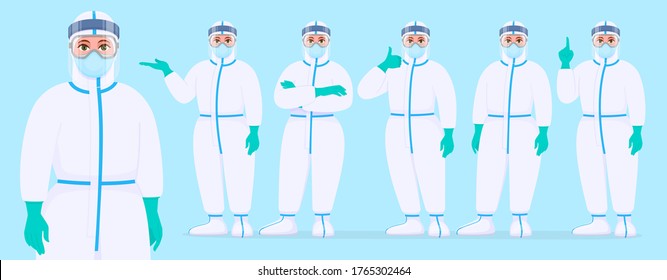 Female doctor in protective suit standing various poses and showing hand gestures. Set of physician covering with safety coverall (PPE). Corona virus epidemic outbreak. Cartoon illustration in vector.