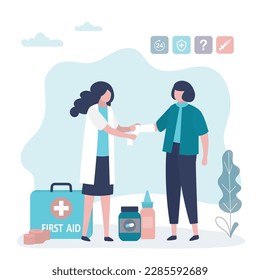 Female doctor provides first aid to the injured woman. Unhappy patient with fracture or injury to the arm, nurse applies bandage or plaster. Emergency, traumatology, fast medical care. flat vector