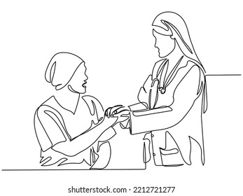 female doctor Providing confidence, support, encouragement and helping patients. Hospital concept for treating critically ill patients, cancer, coronavirus. Chemotherapy survivor line art concept.