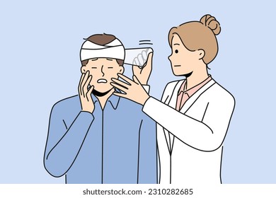 Female doctor put bandage on man head. Nurse help patient with head injury or trauma. Healthcare concept, Vector illustration. 