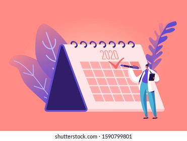 Female Doctor Put Check Mark to Check-box on Huge Calendar on 2020 Year. Vaccination, Medicine and Health Care Planning Concept. Diseases Prevention, Immunization. Cartoon Flat Vector Illustration