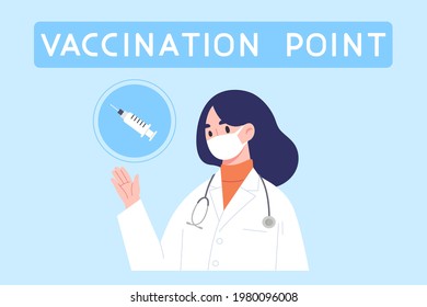 Female doctor raise her hand to show vaccine syringe with message "Vaccination point". Concept of vaccine station to get covid-19 shot, vaccine injection, banner sign. Flat vector illustration.