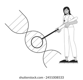 Female doctor researching dna helix black and white 2D line cartoon character. Genetic diseases specialist isolated vector outline person. Decoding human genome monochromatic flat spot illustration