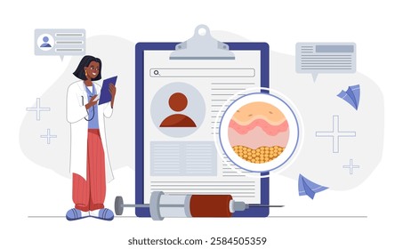 Female doctor reviewing patient data on a clipboard with a syringe and skin cross-section, on a light background. Concept of medical research